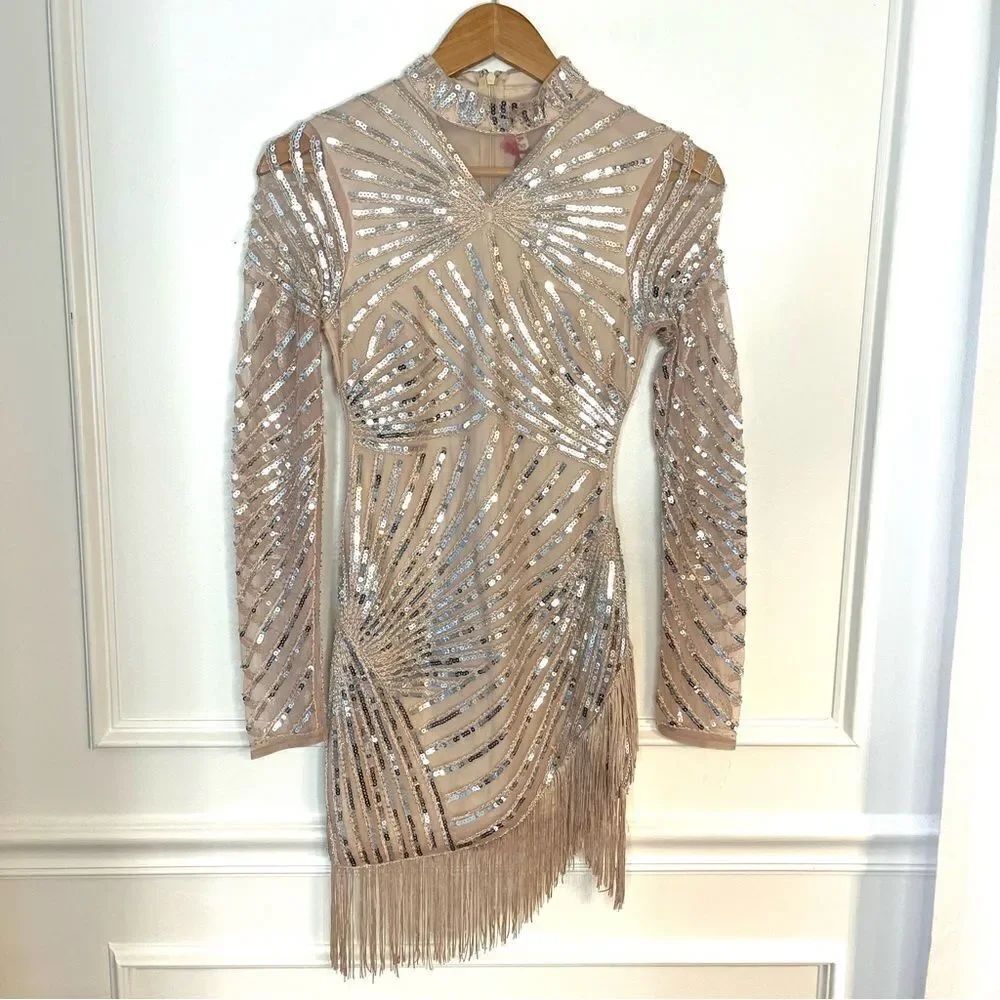 RAGA Mason Character Long Sleeve Dress Size XS Champagne with Silver Sequins NWT - Picture 3 of 9